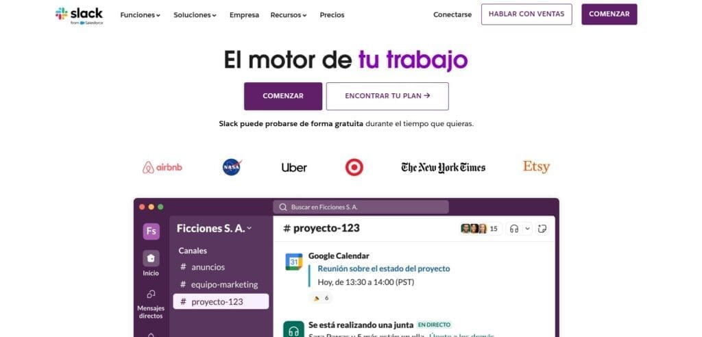 Pantalla inicial de slack